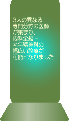 3人の異なる専門分野の医師が集まり、内科全般～老年精神科の幅広い診療が可能となりました の文字画像